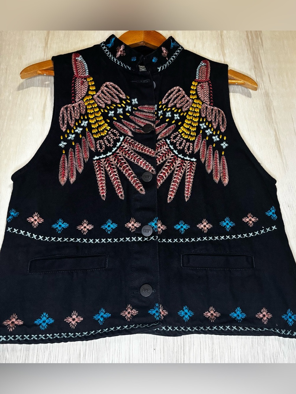 Vintage 90s Folk Art Embroidered Bird Vest Black Boho Cottagecore size small